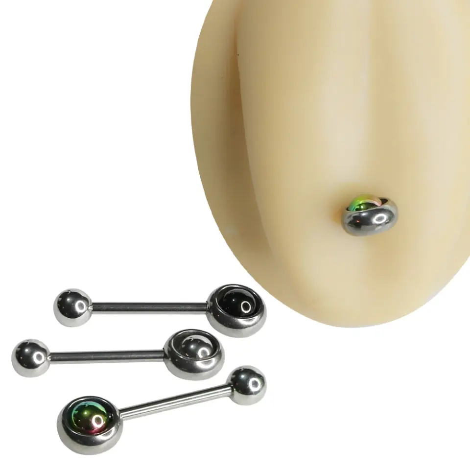 dairesel metal çerçeveli ve içinde gümüş, siyah ile gökkuşağı top seçenekleri bulunan 1,6 mm x 15 mm toplu dil piercingi