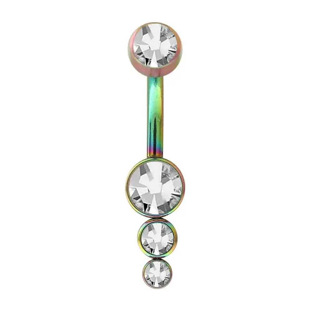 1,6 mm Kalınlığında Üç Taşlı Sarkıt Cerrahi Çelik Gökkuşağı Renk Göbek Piercing
