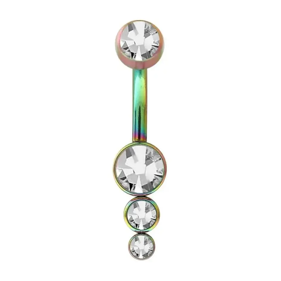 1,6 mm Kalınlığında Üç Taşlı Sarkıt Cerrahi Çelik Gökkuşağı Renk Göbek Piercing