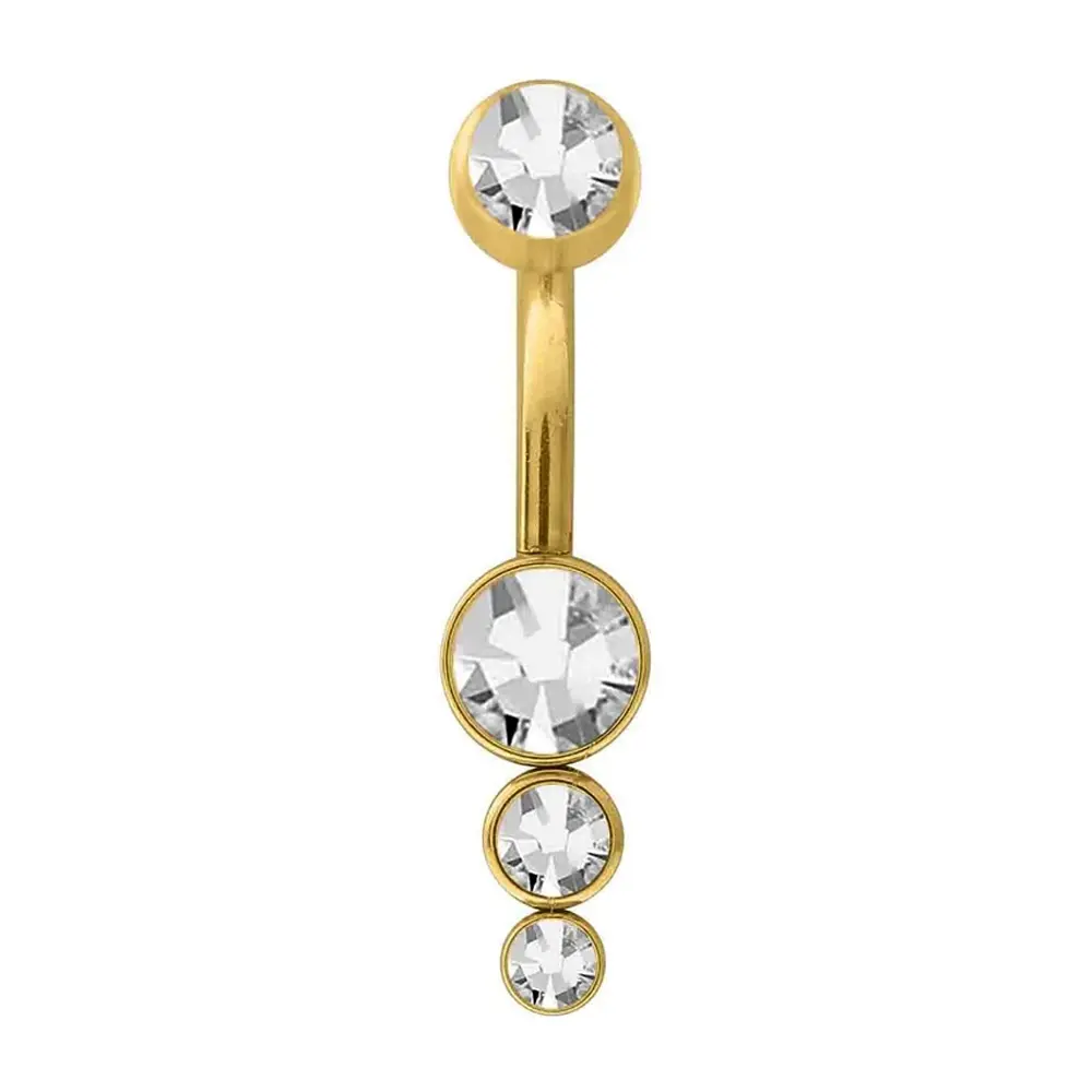 1,6 mm Kalınlığında Üç Taşlı Sarkıt Cerrahi Çelik Gold Renk Göbek Piercing