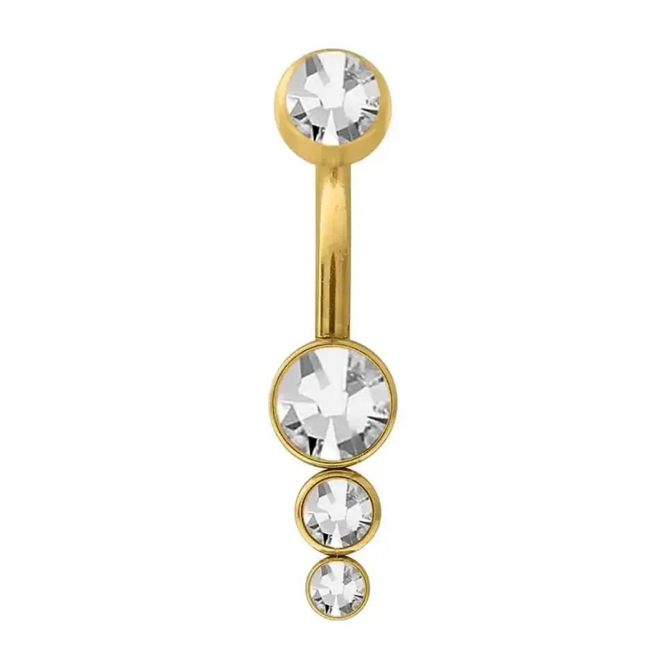 1,6 mm Kalınlığında Üç Taşlı Sarkıt Cerrahi Çelik Gold Renk Göbek Piercing