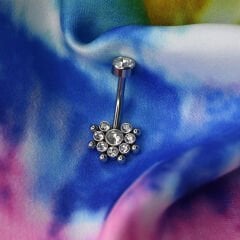 Taşlı Toplu Çiçek Çelik Göbek Piercing | Çelik & Gold Seçenekli