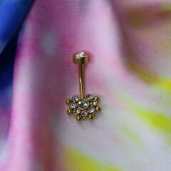 Taşlı Toplu Çiçek Çelik Göbek Piercing | Çelik & Gold Seçenekli