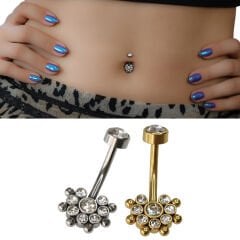 Taşlı Toplu Çiçek Çelik Göbek Piercing | Çelik & Gold Seçenekli