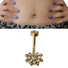 Taşlı Toplu Çiçek Çelik Göbek Piercing | Çelik & Gold Seçenekli