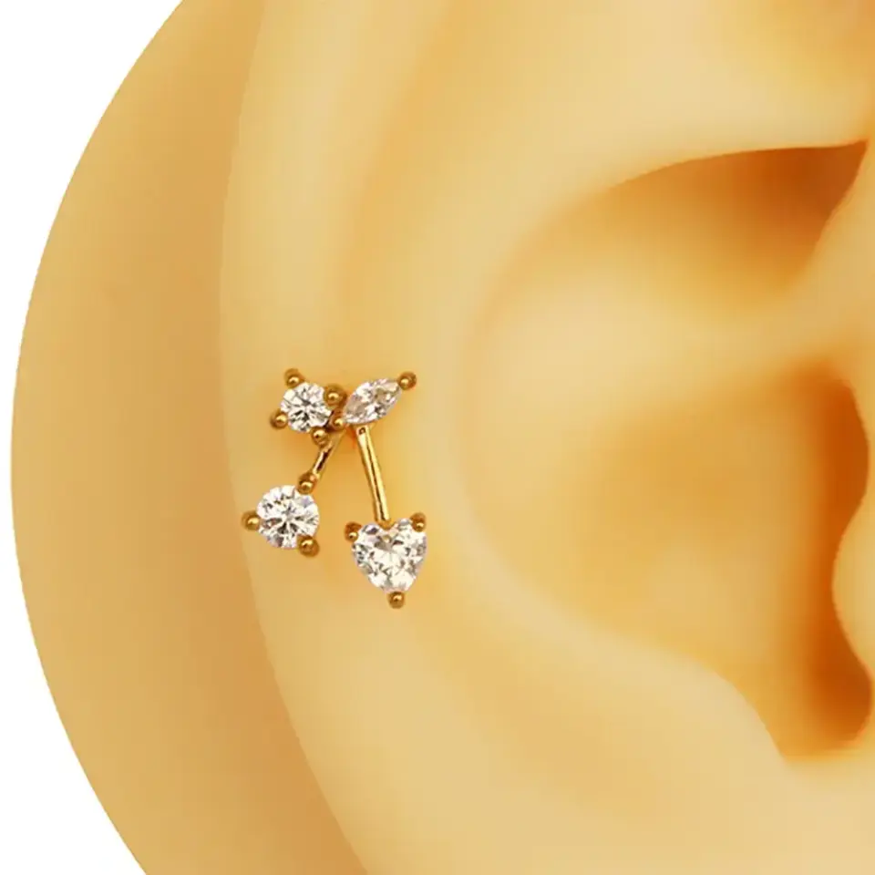 zirkon taşlı kiraz figürlü altın renk 316L cerrahi çelik tragus piercing flatback