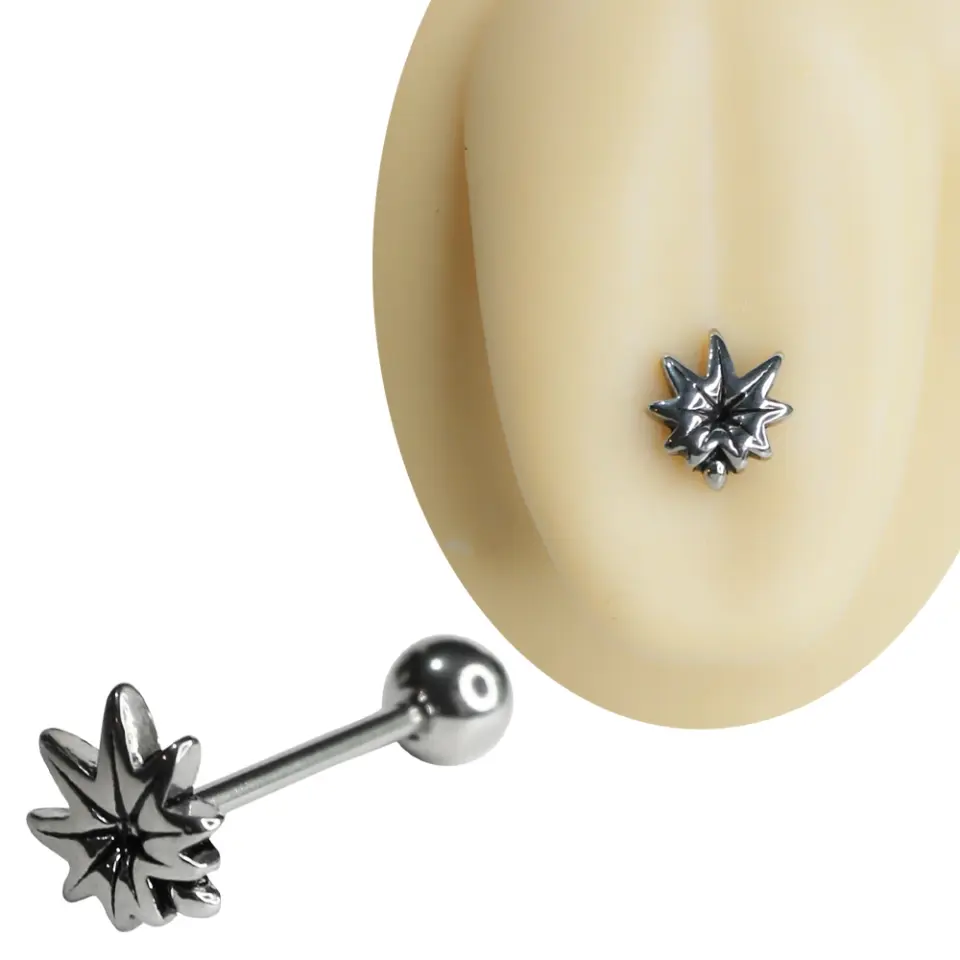 Yüzeyindeki kabartmalı hatları ve çok parçalı sivri uç yapısıyla dikkat çeken bu yaprak dil piercing
