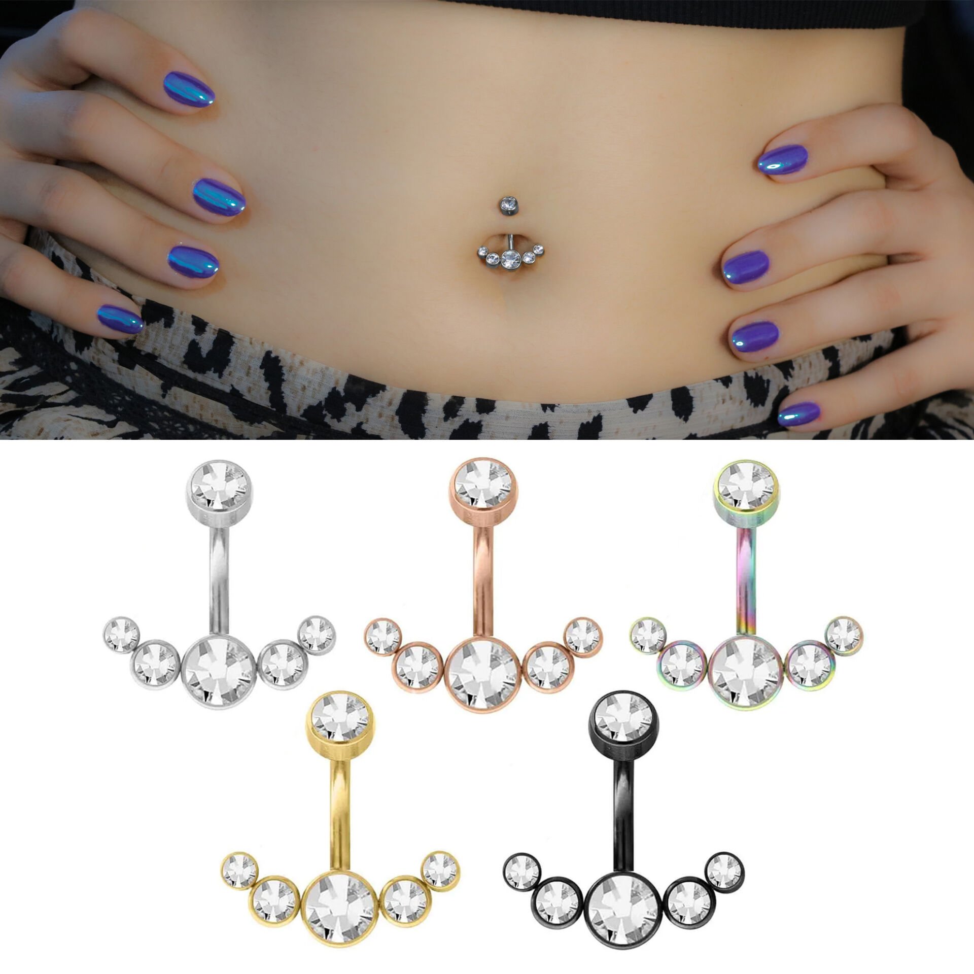 Taşlı Taç Çelik Göbek Piercing / Renk Seçenekli