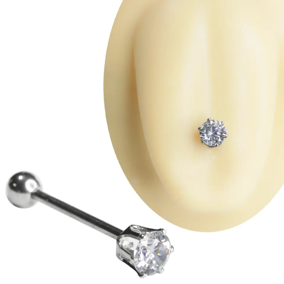 Tırnaklı yuvada yuvarlak şeffaf zirkon taşlı gümüş renkli cerrahi çelik dil piercingi 19 mm