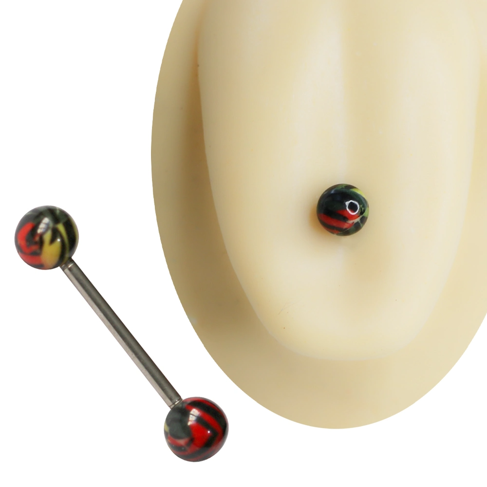 Siyah zemin üzerinde kırmızı sarı yeşil soyut desenli toplara sahip cerrahi çelik dil piercingi 16 mm