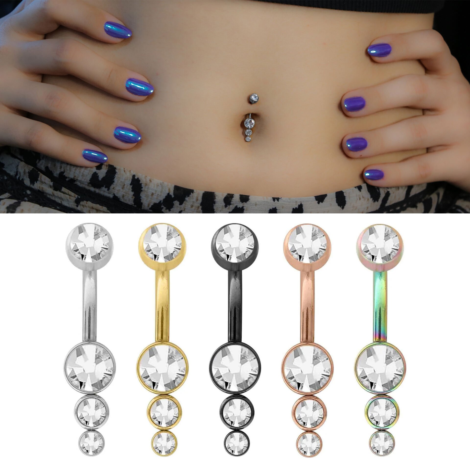 Üç Taşlı Sarkıt Çelik Göbek Piercing / Renk Seçenekli