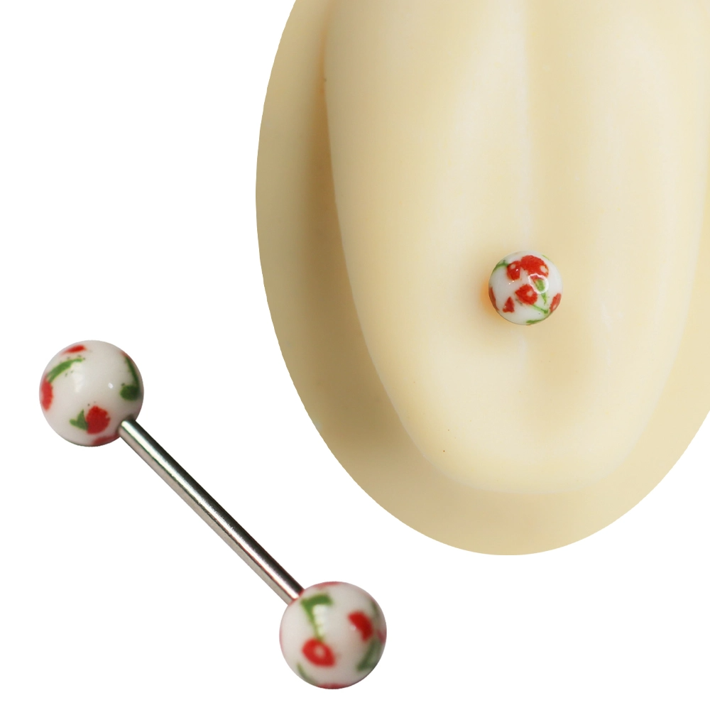 Beyaz zemin üzerinde kırmızı kiraz ve yeşil yaprak desenli toplara sahip cerrahi çelik dil piercingi 16 mm