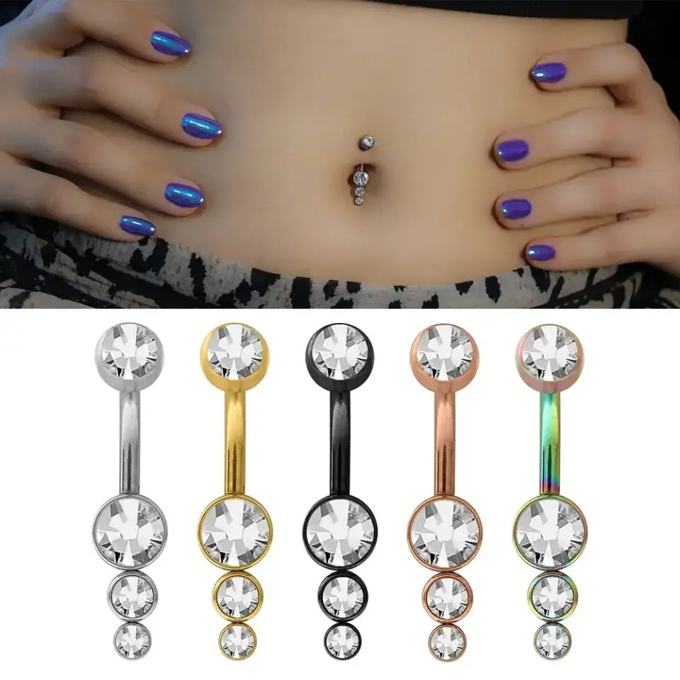 Üç Taşlı Sarkıt Model 316L Cerrahi Çelik Göbek Piercing Renk Seçenekleri