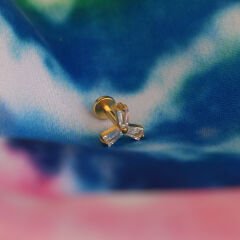 Üç Küp Zirkon 6x1.2mm Gold Çelik Labret Piercing, Tragus-Helix-Kıkırdak
