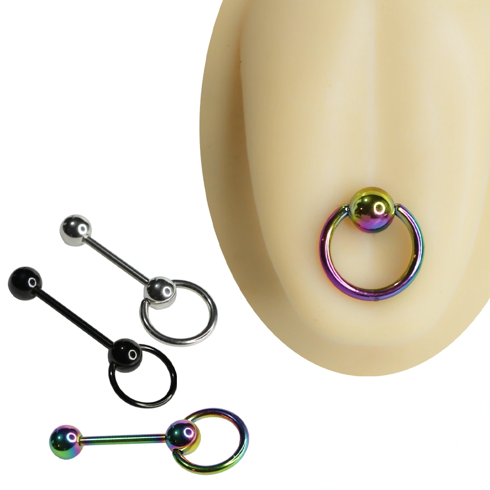 Alt topunda sallantılı halka bulunan gümüş, siyah ve gökkuşağı renk seçenekli cerrahi çelik dil piercingi 16 mm