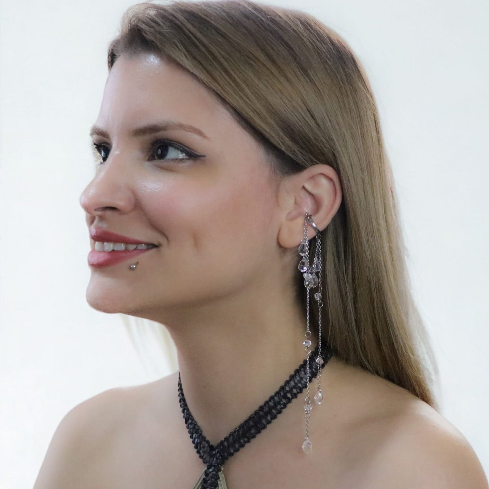 Kristal Taş Sallantılı Uzun Zincirli Cerrahi Çelik Ear Cuff Küpe