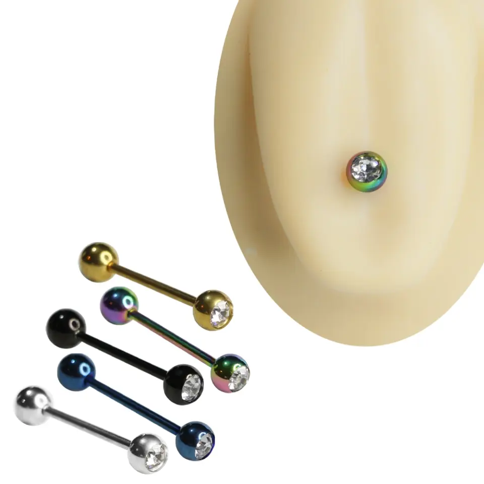 Şeffaf yuvarlak parlak taş detaylı gümüş gökkuşağı siyah mavi ve sarı renklerde 1.6 mm x 19 mm cerrahi çelik dil piercingi