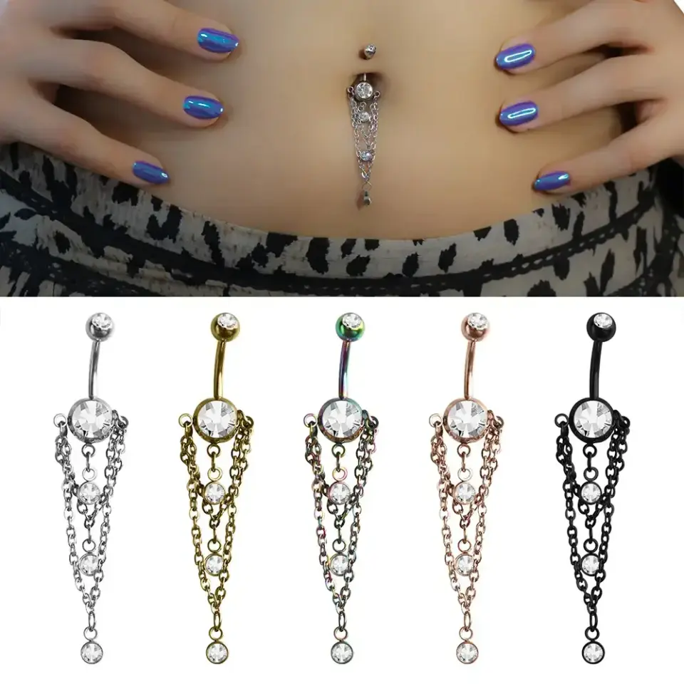 Zincir Taş Sallantı Model 316L Cerrahi Çelik Göbek Piercing Renk Seçenekleri