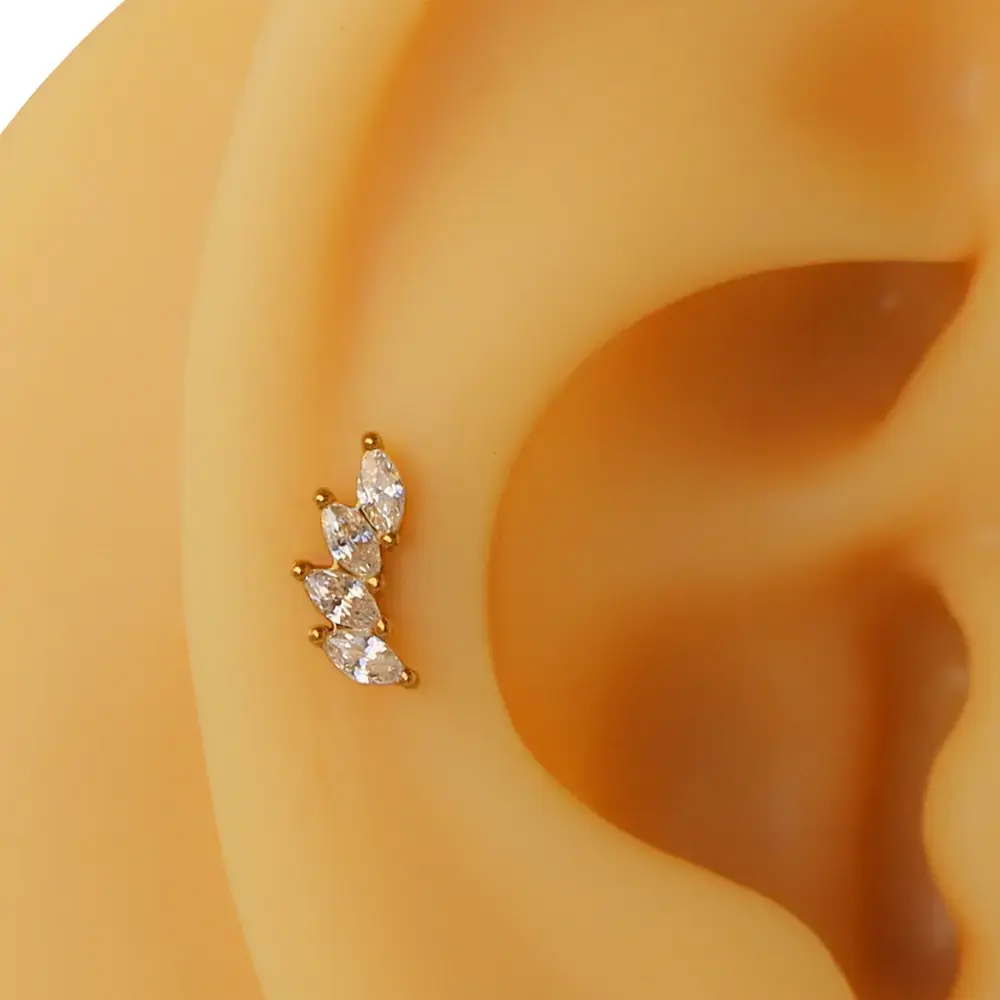 Kavisli Taç altın renk zirkon taşlı 316L cerrahi çelik tragus piercing flatback