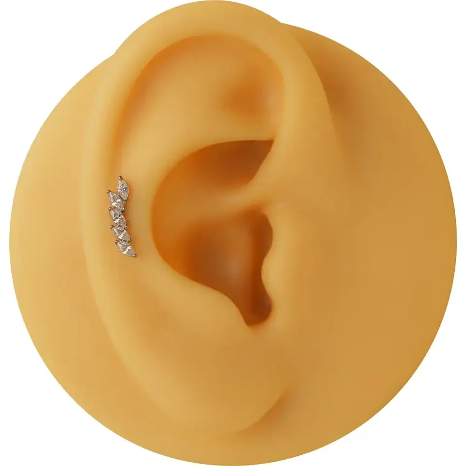 Arkası düz vidalı sistem gümüş zirkon taşlı beş badem piercing