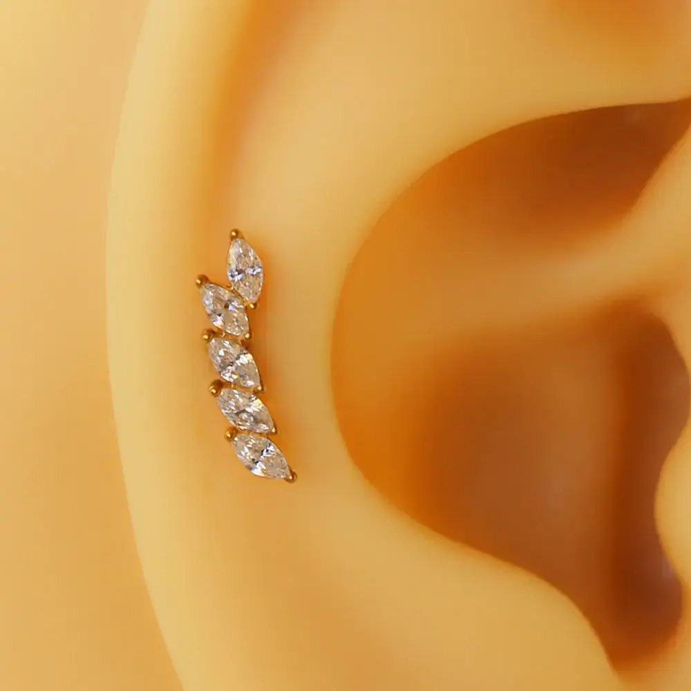 Beş Badem altın renk zirkon taşlı 316L cerrahi çelik tragus piercing flatback