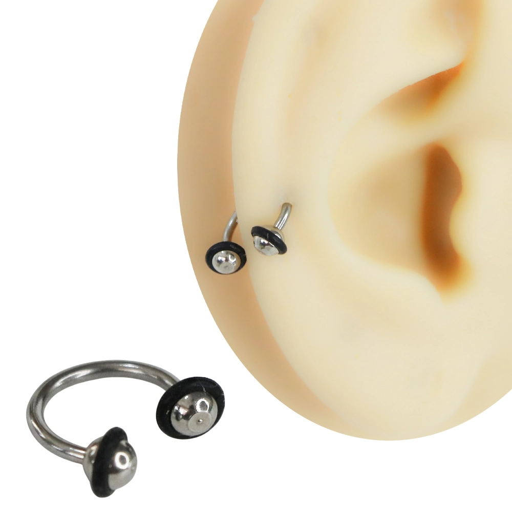 Cerrahi çelik siyah detaylı gümüş yarım halka septum ve kıkırdak piercing
