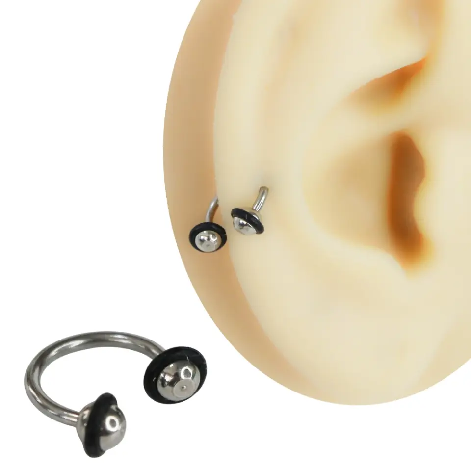 Cerrahi çelik siyah detaylı gümüş yarım halka septum ve kıkırdak piercing