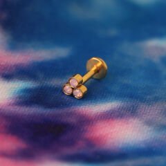 Üç Opak Pembe Taş 6x1.2mm Gold Çelik Labret Piercing, Tragus-Helix-Kıkırdak