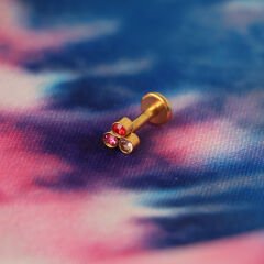 Üç Mix Taş 6x1.2mm Gold Çelik Labret Piercing, Tragus-Helix-Kıkırdak