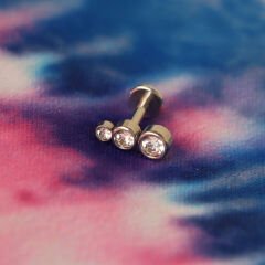 Üç Sıralı Taş 6x1.2mm Çelik Labret Piercing, Tragus-Helix-Kıkırdak