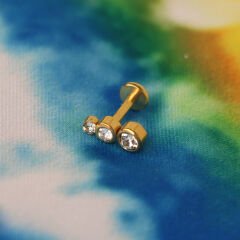 Üç Sıralı Taş 6x1.2mm Gold Çelik Labret Piercing, Tragus-Helix-Kıkırdak