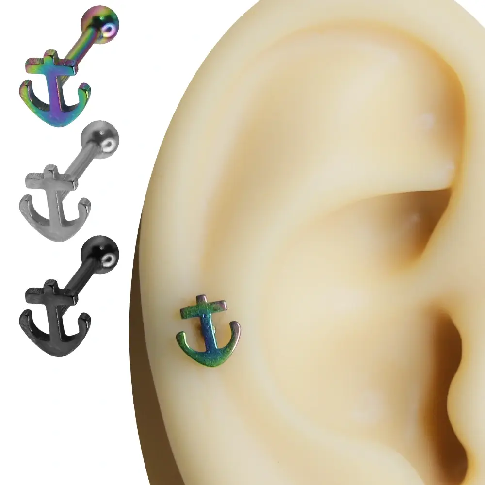 Safe Harbor - Çapa Tasarım 316L Cerrahi Çelik Kıkırdak Helix Piercing Gökkuşağı