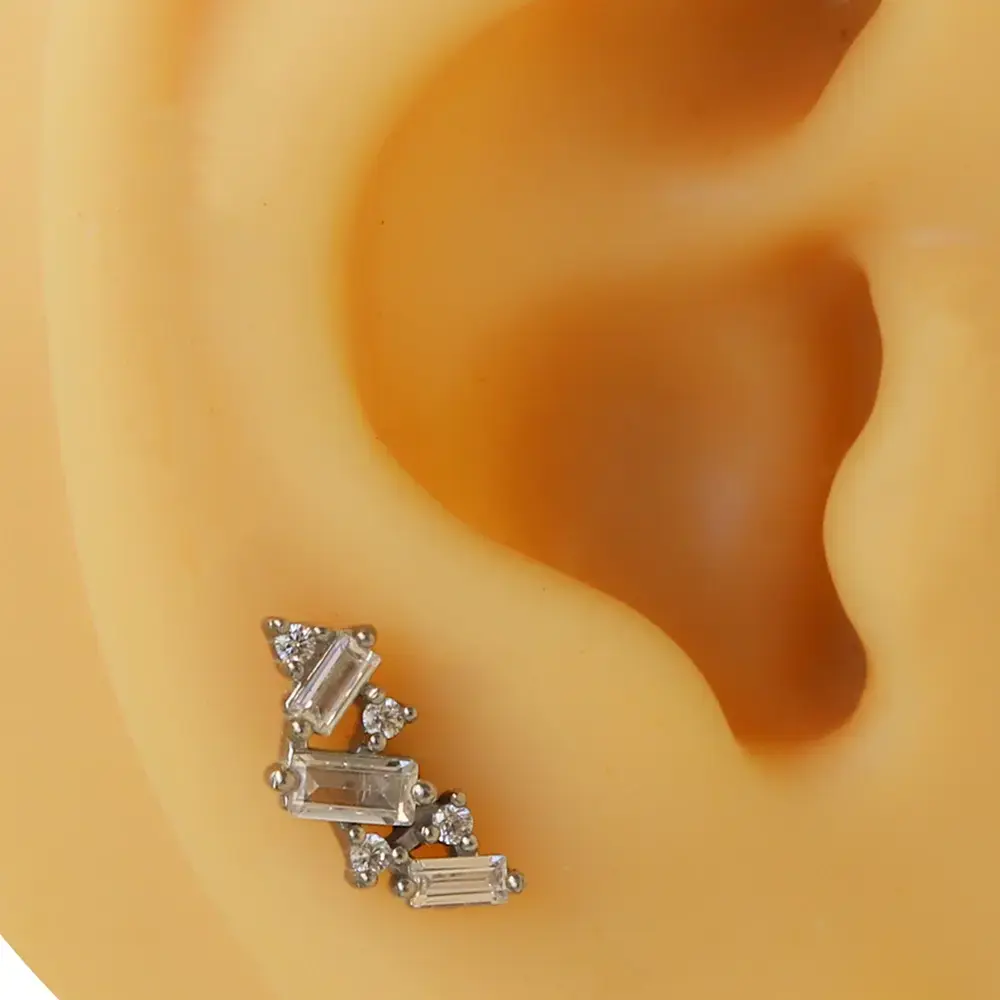 Gümüş renk baget taşlı zirkon 316L cerrahi çelik tragus piercing flatback