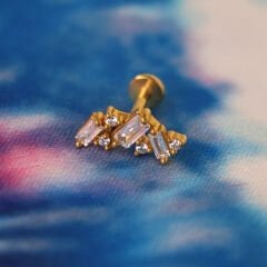 Zirkon Taşlı 8x1.2mm Gold Çelik Labret Piercing, Tragus-Helix-Kıkırdak