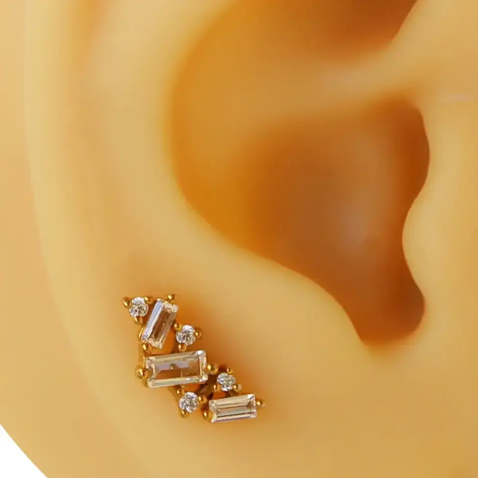 Altın renk baget taşlı zirkon 316L cerrahi çelik tragus piercing flatback