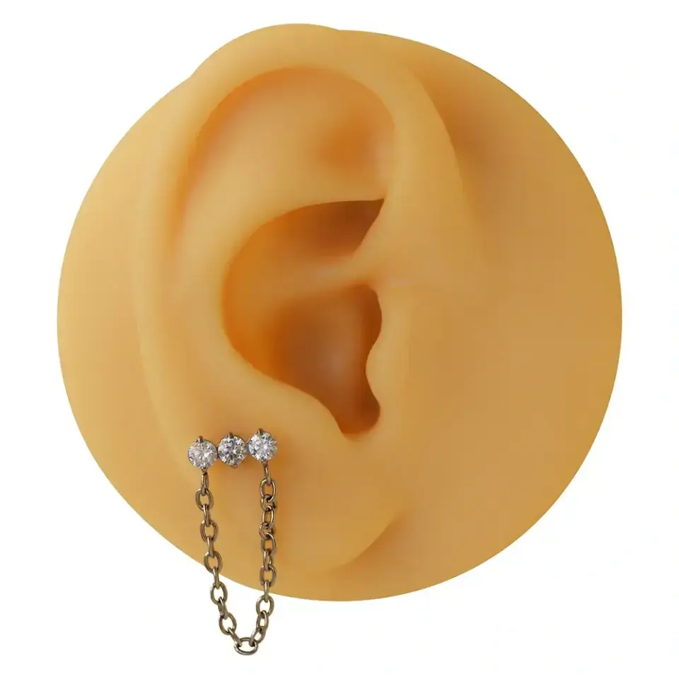 Arkası düz flatback sistem gümüş zirkon taşlı zincir piercing