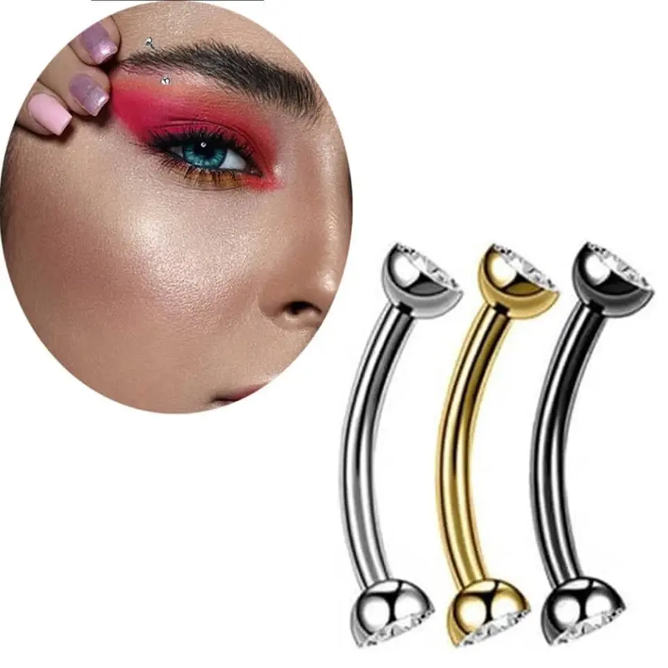 Cerrahi çelik yarım ay yuvalı çift zirkon taşlı gümüş sarı ve siyah kavisli kaş piercing