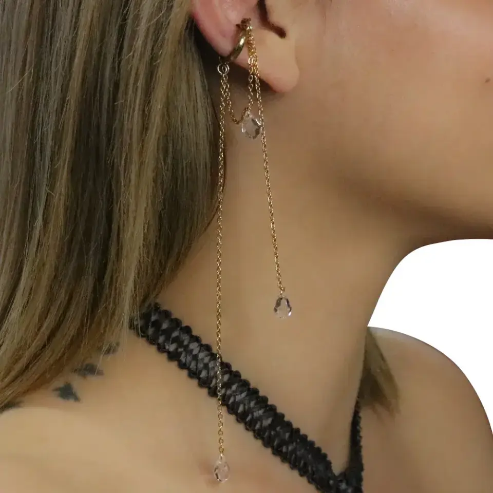 Kristal taşlı damla uçlu deliksiz ear cuff küpe aksesuarı