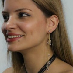 Altın Renkli Kristal Taşlı Uzun Zincirli 316L Cerrahi Çelik Piercing