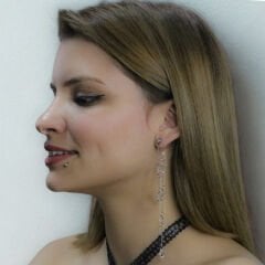 Kristal Taşlı Gümüş Renk Uzun Zincirli 316L Cerrahi Çelik Piercing