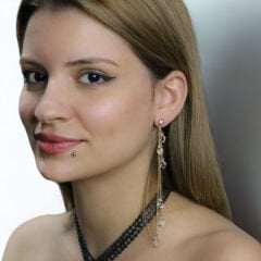 Altın Renk Kristal Taşlı Uzun Zincir Detaylı 316L Cerrahi Çelik Piercing