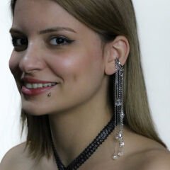 Kristal Taş Detaylı Çok Zincirli Cerrahi Çelik Ear Cuff Küpe