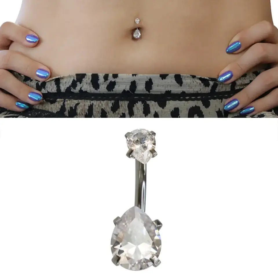 Gümüş Renk Damla Taş Model 316L Cerrahi Çelik Göbek Piercing Yakın Çekim