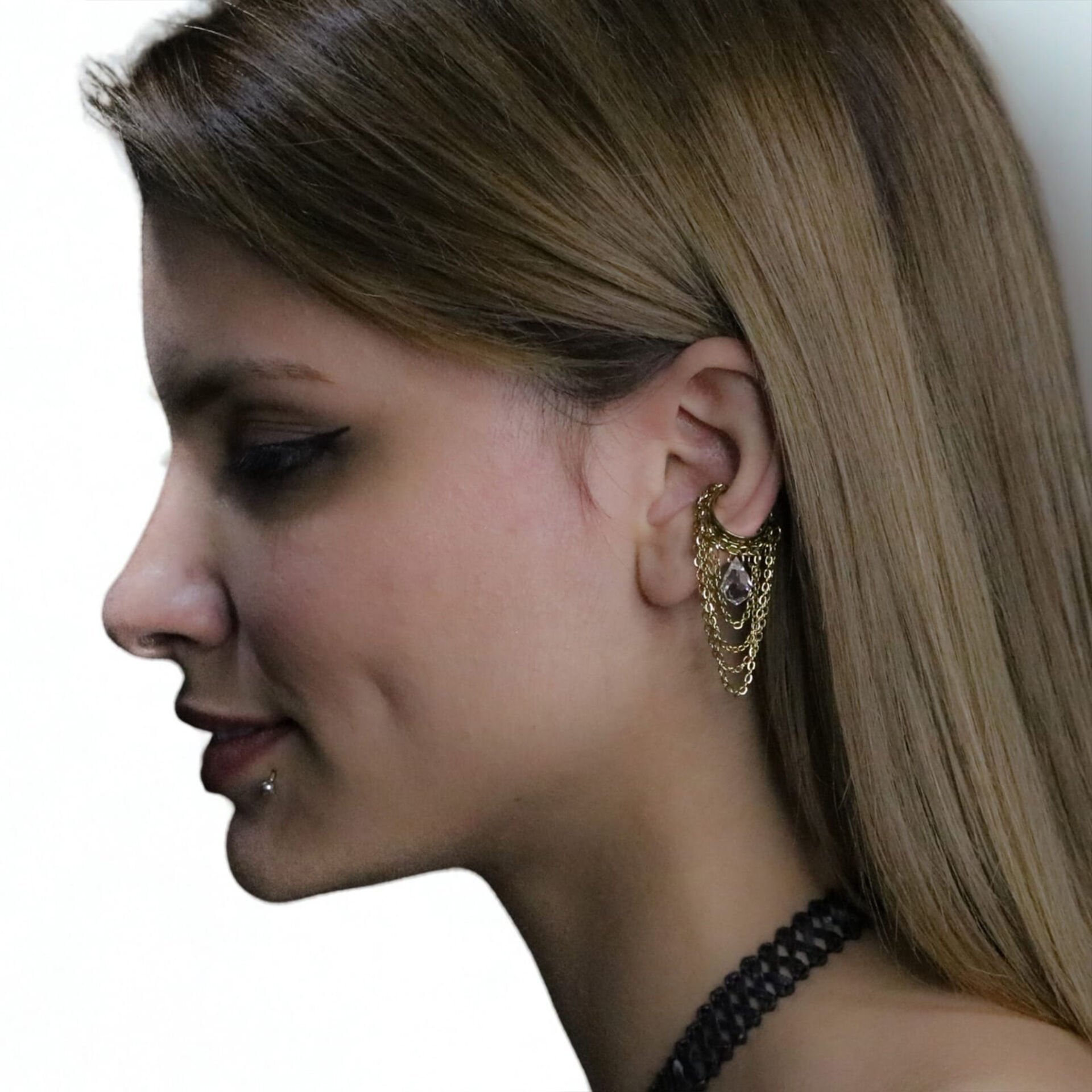 Altın Renk Kristal Taşlı Zincirli Cerrahi Çelik Ear Cuff Küpe-Titanyum Kaplama