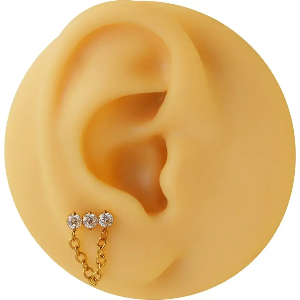 Arkası düz flatback sistem sarı gold zirkon taşlı zincir piercing