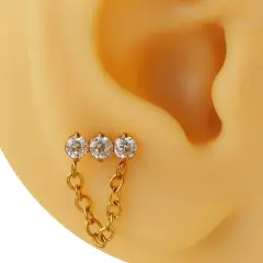 Sarı altın renk üçlü zirkon taşlı sallantılı zincir tasarım 316L cerrahi çelik tragus piercing flatback.