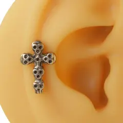 Kurukafa haç tasarım antik gümüş cerrahi çelik tragus piercing modeli