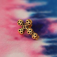 Kurukafa Haç 6x1.2mm Gold Çelik Labret Piercing, Tragus-Helix-Kıkırdak