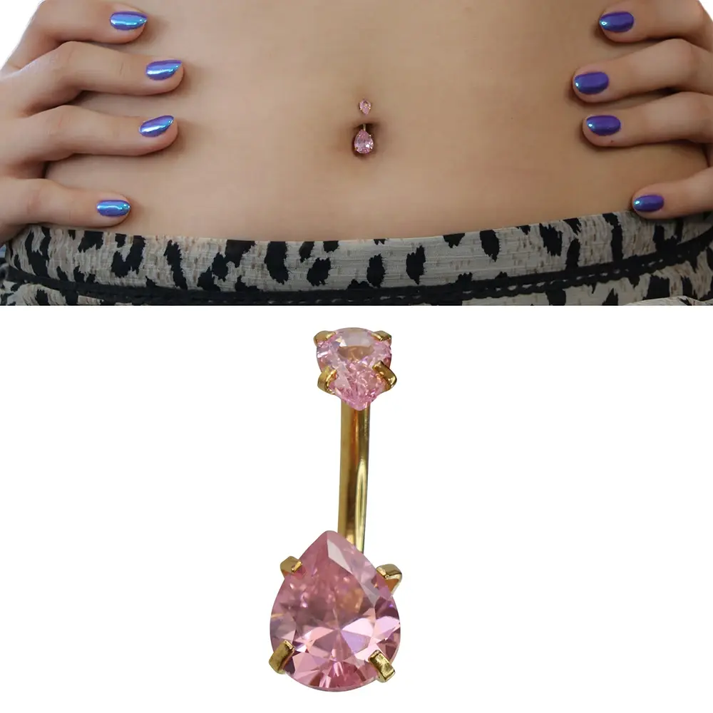 Altın Renk Pembe Damla Taş Model 316L Cerrahi Çelik Göbek Piercing Yakın Çekim
