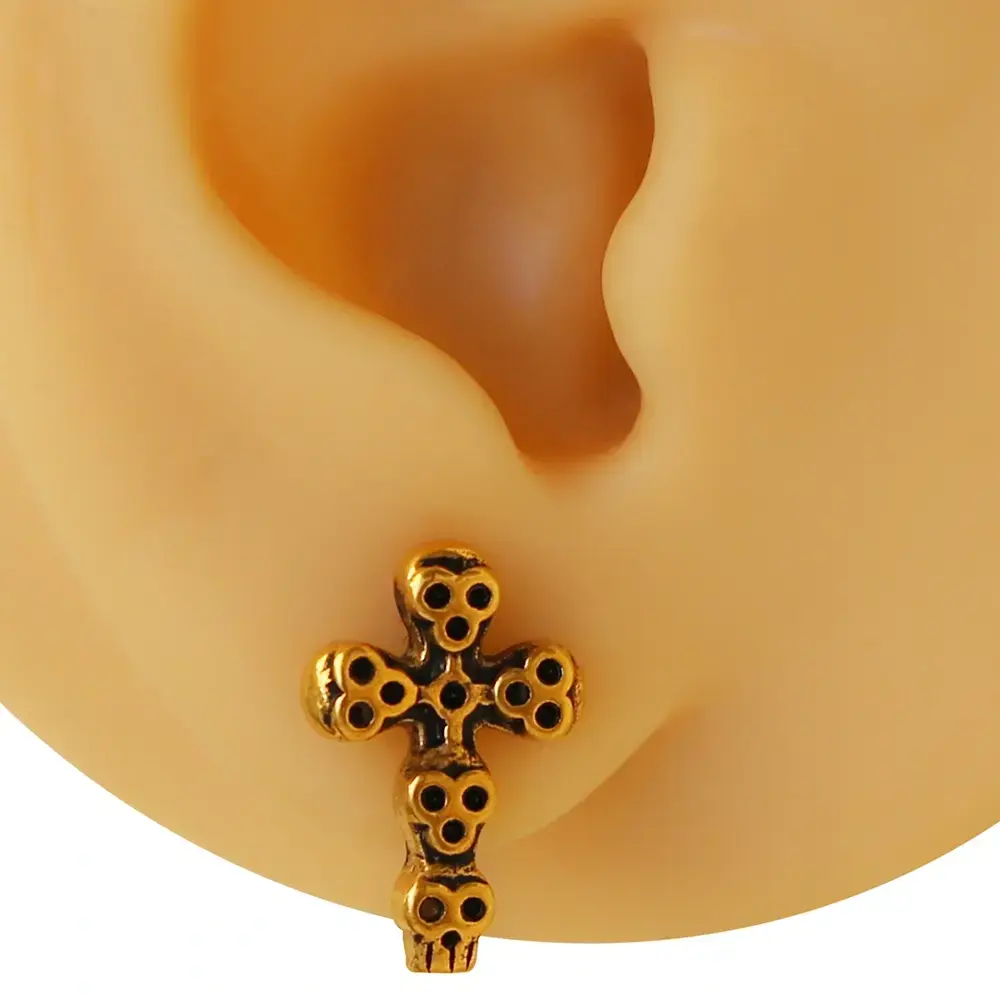 Altın renk kurukafa haç figürlü cerrahi çelik tragus piercing flatback